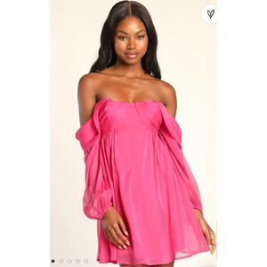 Lulus Dream Desire Hot Pink Off-the-Shoulder Long Sleeve Mini Dress
